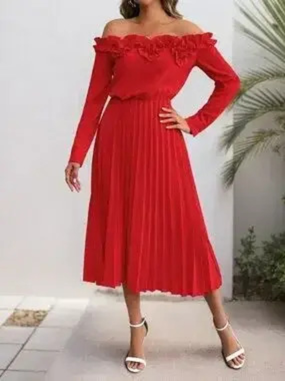 Off-Shoulder Ruffle Pleated Midi Dress - Picture 1 of 10